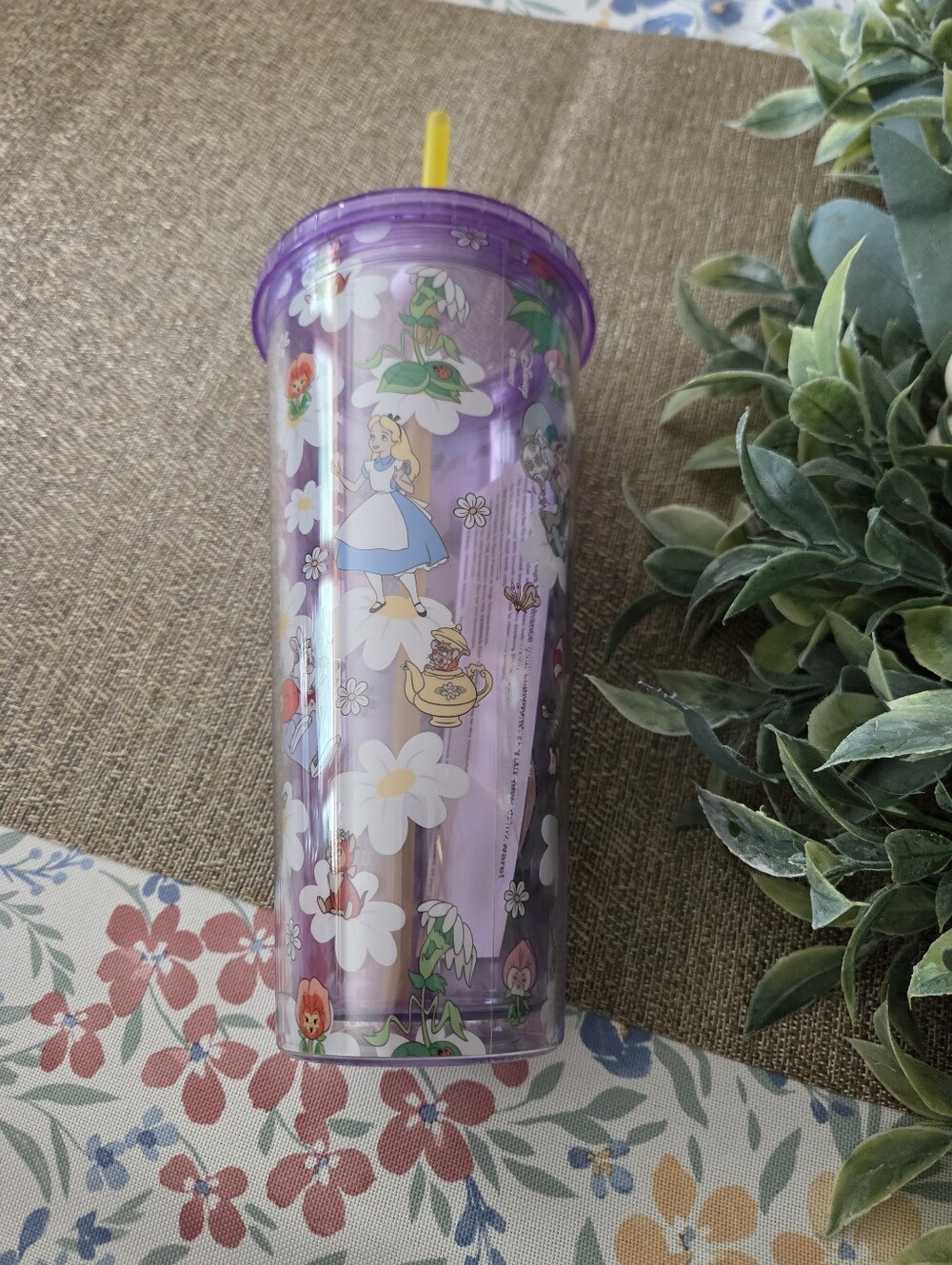 Purple Alice in Wonderland Floral Tumbler with Yellow Straw